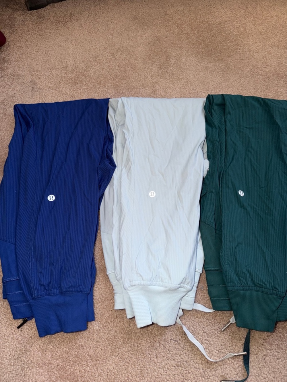 lululemon athletica dance studio joggers. Blue, light blue, green.